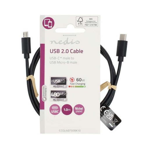 Nedis CCGL60750BK10 USB2.0, USB-C apa - USB Micro-B apa, 60 W, 480 Mbps, hossz 1m