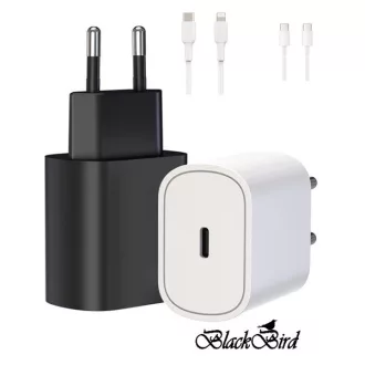   BLACKBIRD Hálózati Adapter T145 25W + Type-C + Lightning kábel 1m, Fehér