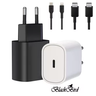   BLACKBIRD Hálózati Adapter T145 25W + Type-C + Lightning kábel 1m, Fekete