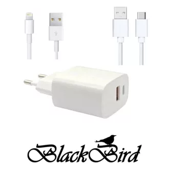   BLACKBIRD Hálózati Adapter T131 25W + Type-C + Lightning kábel 1m, Fehér