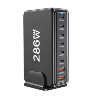   BLACKBIRD Hálózati Töltő GAN 286W 1xUSB-C PD100W + 4xUSB-C PD30W + 3xUSB QC18W, Fekete