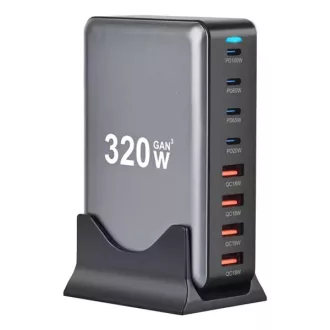   BLACKBIRD Hálózati Töltő GAN 320W 4xUSB-C 65W + 1xUSB-C QC + 3xUSB QC, Fekete