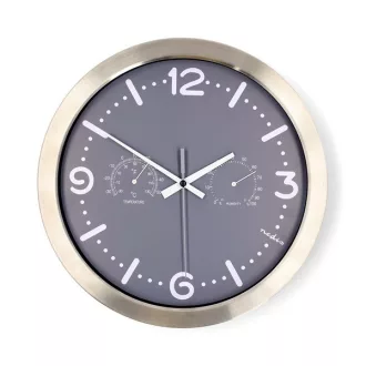   Nedis CLWA5226SS falióra, 30 cm átmérő,  rozsdamentes acél, csendes szerkezet: óra, hőmérő, páratartamom mérő