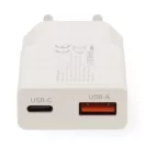 Nedis WCHA30WT gyorstöltő USB-A / USB-C töltő, GaN, PD3.0, QC, Gyorstöltési funkció 1,5 / 2,0 / 2,5 / 3,0 A, 30W, fehér