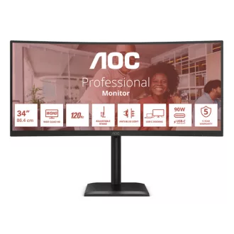   AOC Ívelt VA 120Hz monitor 34" CU34E4CV, 3440x1440, 21:9, 4ms, 350cd/m2, DisplayPort/2xHDMI/4xUSB-A, áll.mag., hangszóró