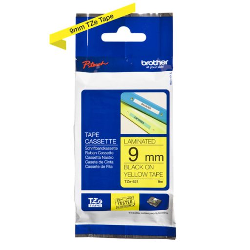 BROTHER szalag TZe-621, Sárga alapon Fekete, Laminált, 9mm  0.35", 8 méter