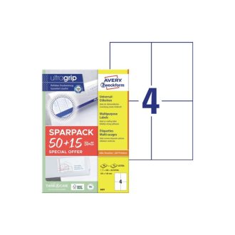   Etikett címke, 105x148mm, univerzális, 65 lap, 4 címke/lap Avery, fehér