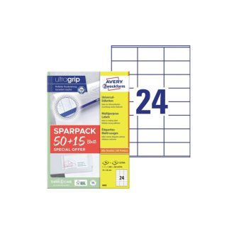   Etikett címke, 70x36mm, univerzális, 65 lap, 24 címke/lap Avery, fehér