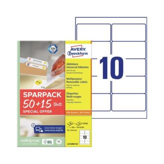   Etikett címke, 96x50,8 mm, univerzális, 65 lap, 10 címke/lap Avery, fehér