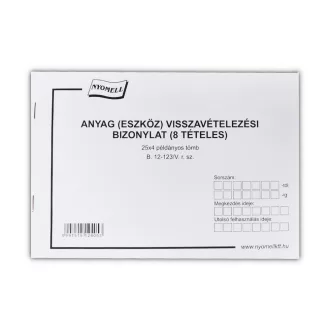   Készlet visszavételezési bizonylat 8 tételes 25x4 lapos tömb A/5 fekvő B.12-123/V Bluering