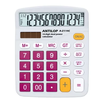   Számológép asztali 14 számjegy nagy, döntött kijelző bordó gombok fehér száml, ap Antilop A-2114C