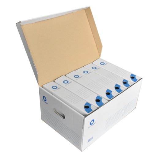 Archiváló konténer karton doboz fedeles 54x36x25cm, felfelé nyíló tetővel Bluering® fehér-kék