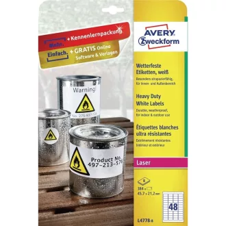   Etikett címke, 45,7 x21,2mm, időjárásálló poliészter, 48 címke/ív, 8 ív/doboz, Avery fehér