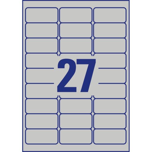 Etikett címke, 63,5 x29,6mm, ipari poliészter, 27 címke/ív, 20 ív/doboz, Avery ezüst