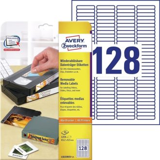   Etikett címke, 43,2x8,5mm, univerzális visszaszedhető, 128 címke/ív, 25 ív/doboz, Avery fehér