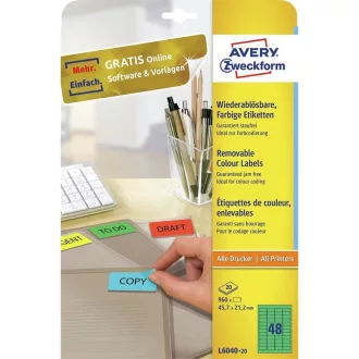   Etikett címke, 45,7 x21,2mm, univerzális visszaszedhető, 48 címke/ív, 20 ív/doboz, Avery zöld