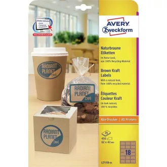   Etikett címke, 62 x42mm, környezetbarát 18 címke/lap, 25 lap/doboz, Avery barna