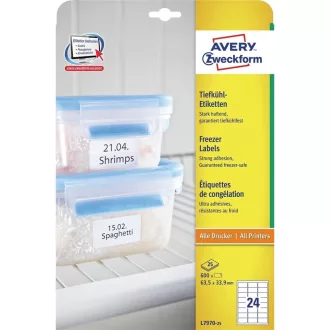   Etikett címke, 63,5 x33,9mm, fagyasztó 24 címke/ív, 25 ív/doboz, Avery fehér