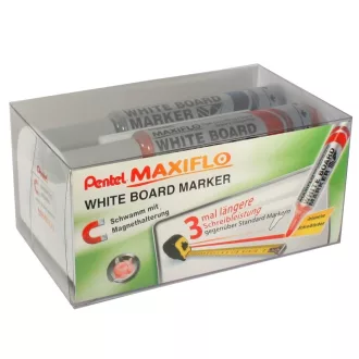   Táblamarker+törlő készlet 2,5mm, kerek hegyű, Maxiflo Pentel, 4 klf. szín