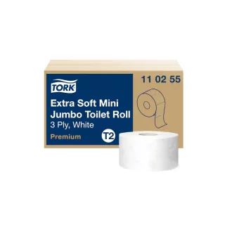  Toalettpapír 3 rétegű közületi átmérő: 18,7 cm 600 lap/120 m/tek 12 tek/karton Extra Soft Mini Jumbo Tork_110255 fehér